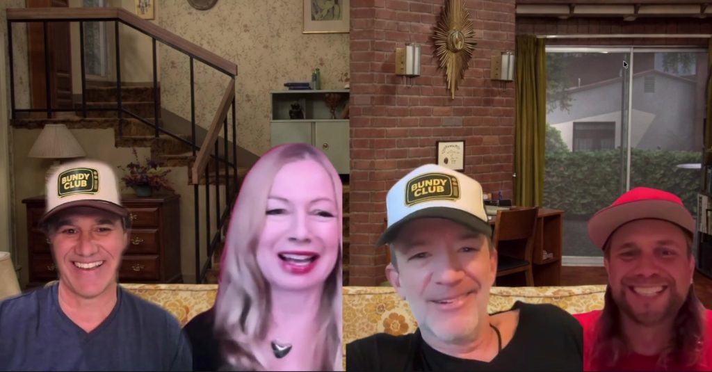 Traci Lords on the Bundy living room couch with Darren Blatt, David Faustino, and Brian during the Episode 13 Bundy Breakdown Zoom.